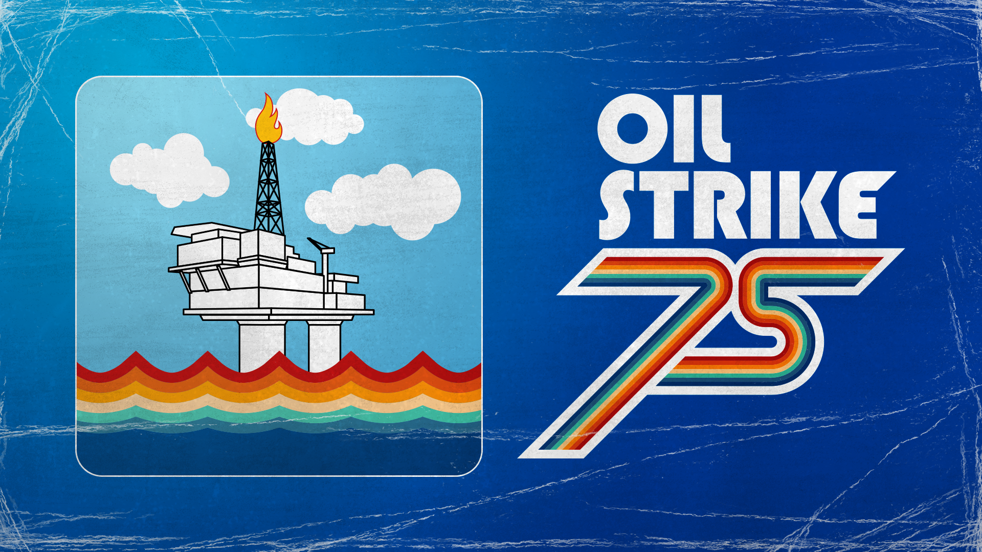 Oil Strike '75 key art, featuring a cartoon oil rig in a multicolored sea
